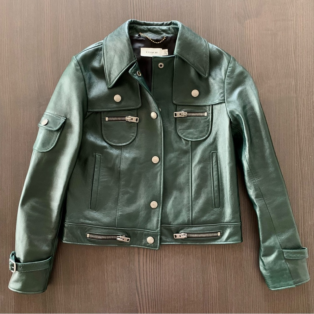 Forest green Coach leather jacket.